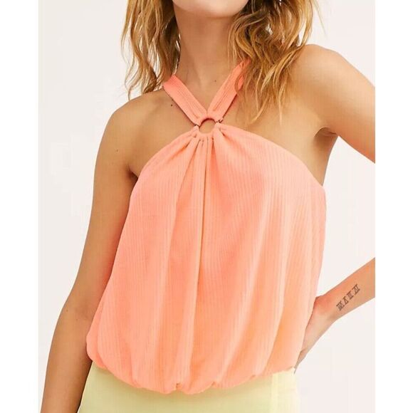 b2 NWOT NEW Free People Just A Fling BRIGHT ORANGE Halter BOHO Tank Top sz M - Picture 1 of 7